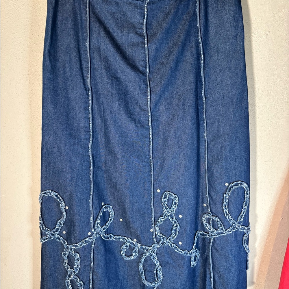 Reba Indigo Denim A line Skirt with Boho Trim
